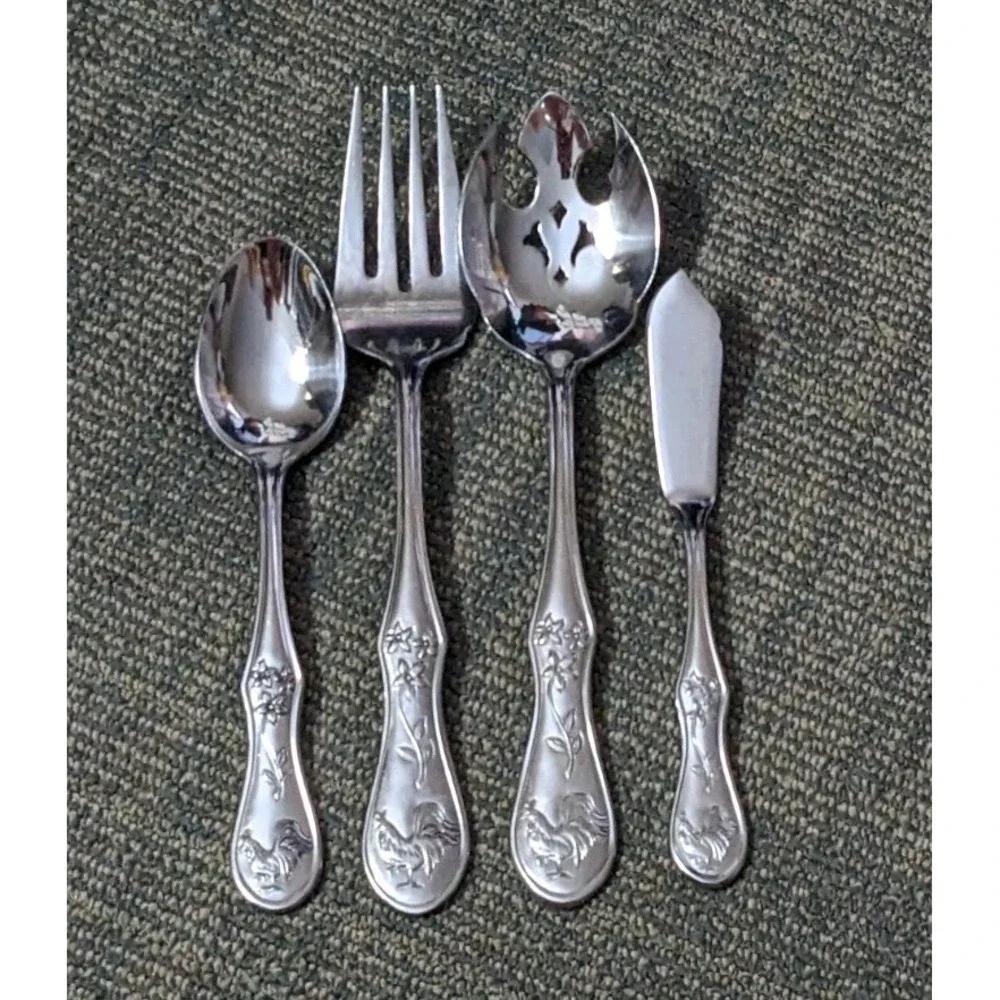 4 Pc Pfaltzgraff DAYBREAK Hostess Serving Set Glossy Stainless Flatware Rooster